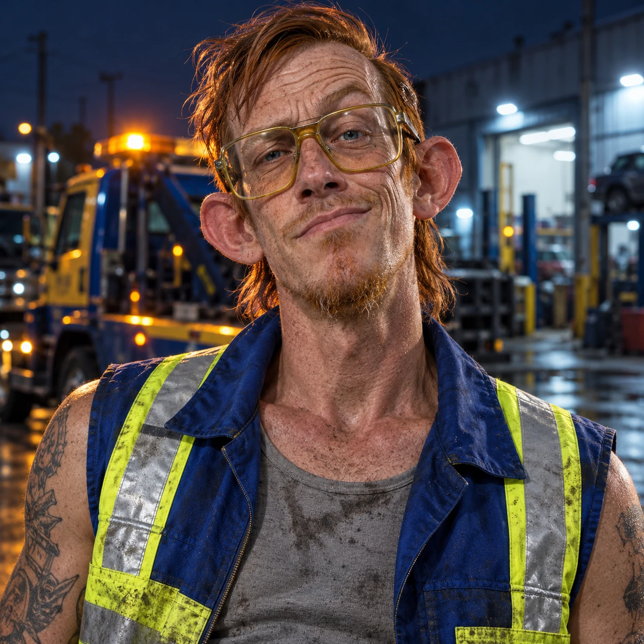 Square Lenny Lennox token portrait with red comb-over hair, large ears, yellow square work glasses and cobalt reflective work vest, against the night-time recovery yard.